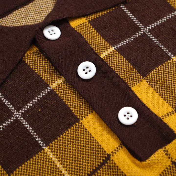 Men's 70s Yellow Plaid Knit Polo Shirt – Retro Long Sleeve Mod Top