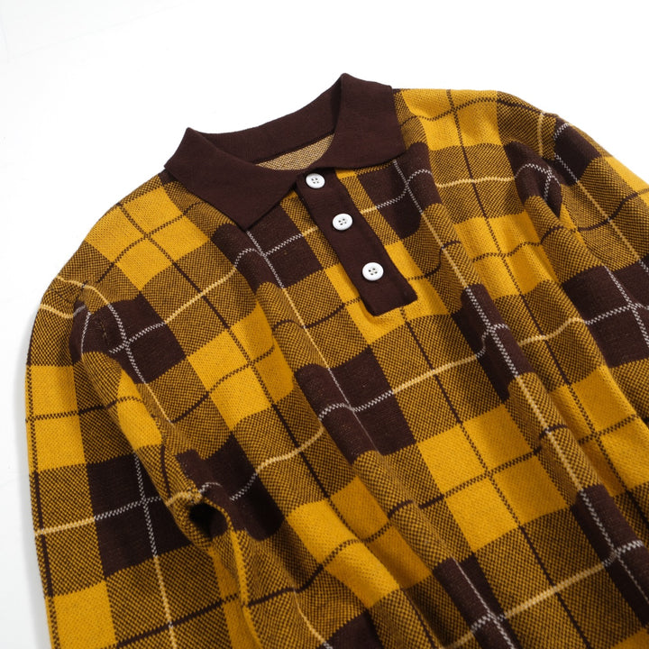 Men's 70s Yellow Plaid Knit Polo Shirt – Retro Long Sleeve Mod Top