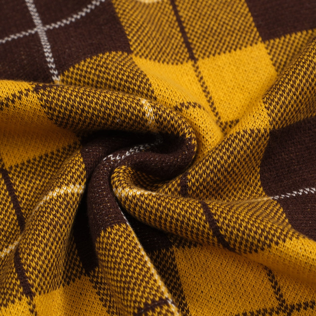 Men's 70s Yellow Plaid Knit Polo Shirt – Retro Long Sleeve Mod Top