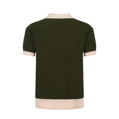 Men's Green Knitted Polo With Jacquard Panel