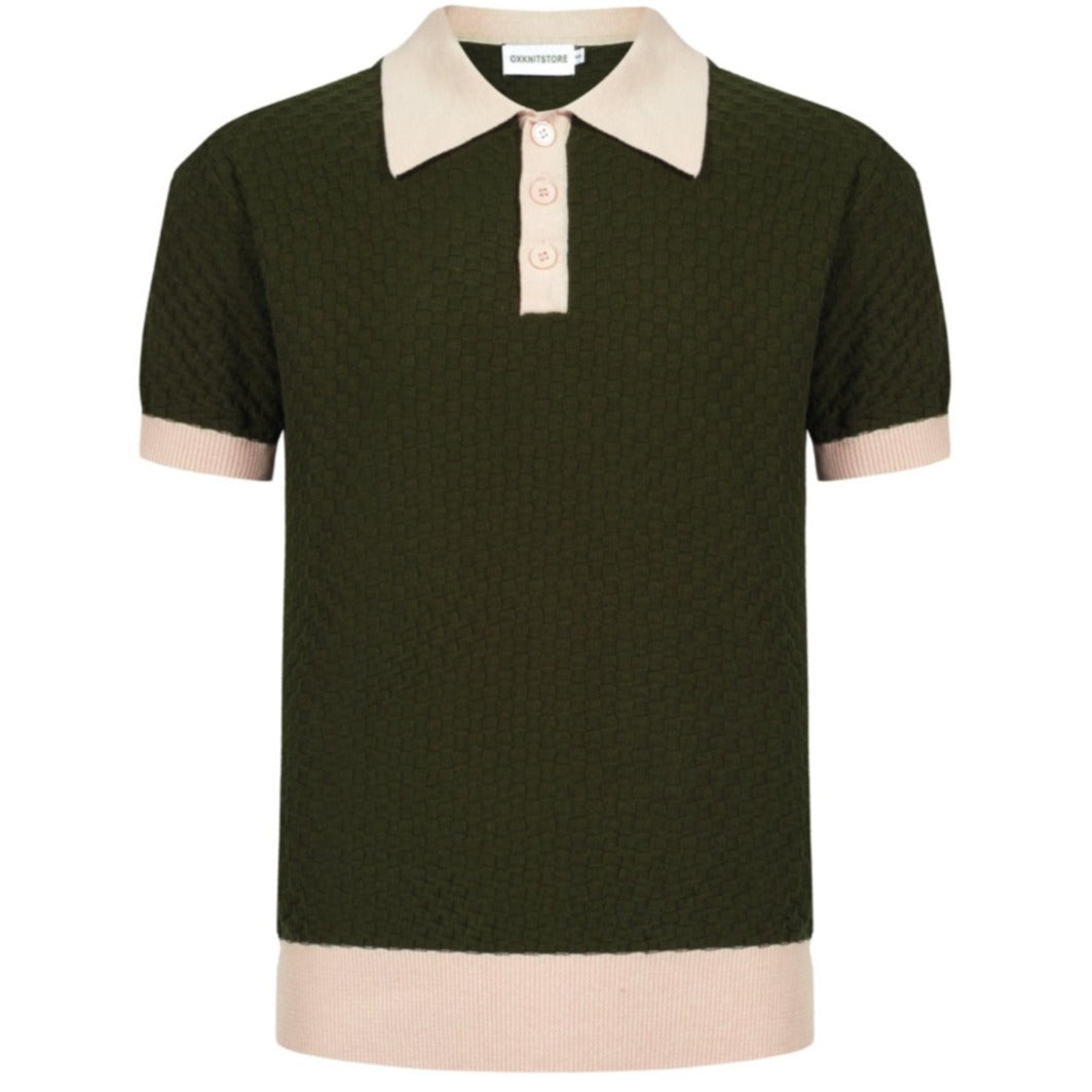 Men's Green Knitted Polo With Jacquard Panel