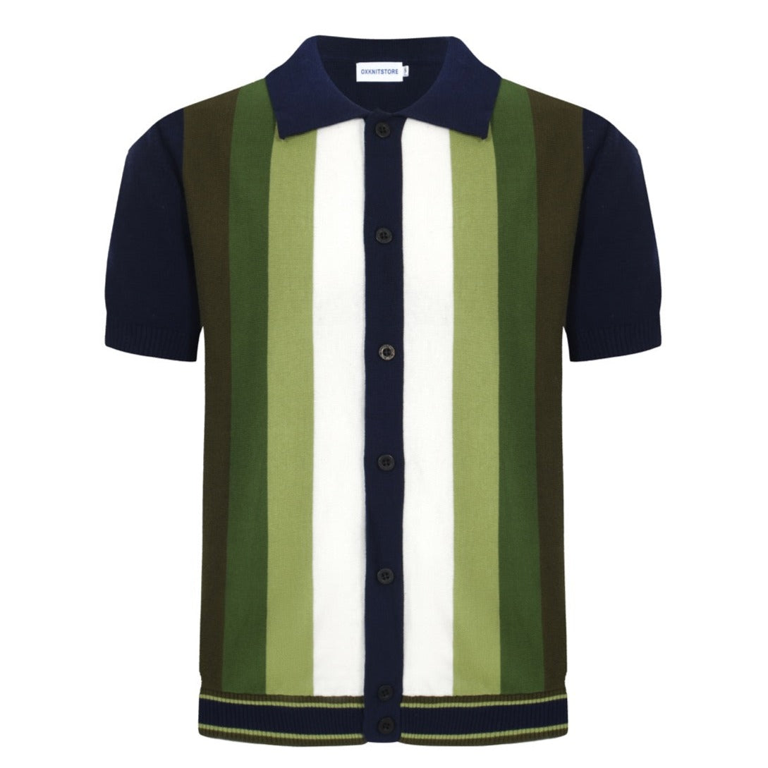 Men's Dark Blue Button Knit Polo With Green Gradient Stripe