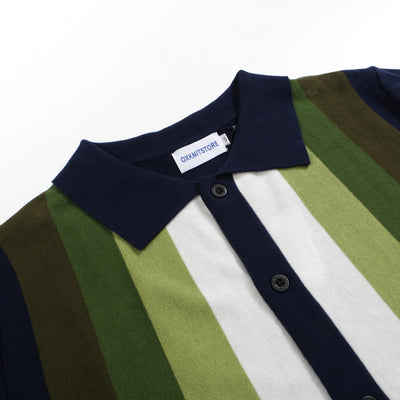 Men's Dark Blue Button Knit Polo With Green Gradient Stripe
