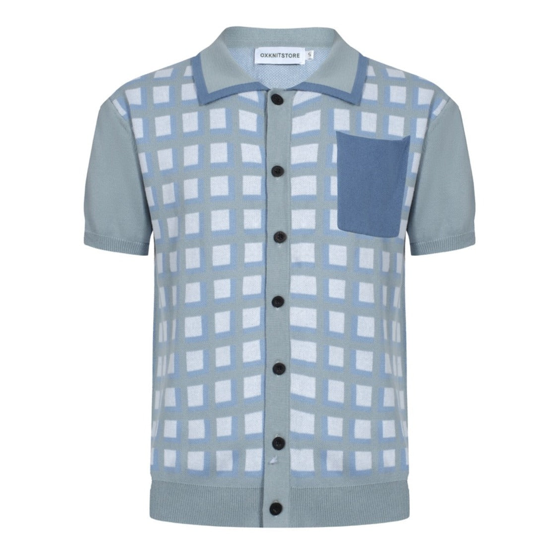 Men's Blue Geometric Pattern Knitted Polo With Breast Pocket