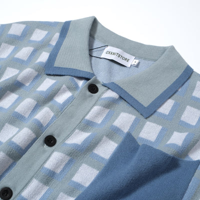 Men's Blue Geometric Pattern Knitted Polo With Breast Pocket