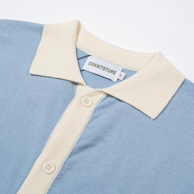 Men's Light Blue Knitted Polo With Off White Neck