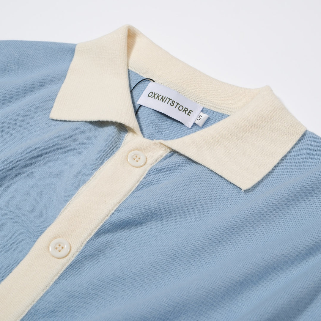 Men's Light Blue Knit Cardigan Shirt – 60s MOD Style Button-Up Polo