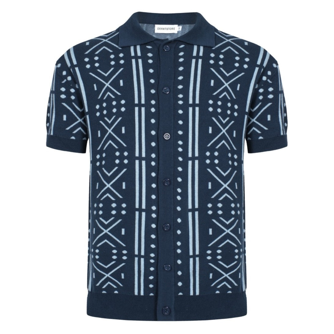 Men's Blue Geometric Pattern Knitted Polo