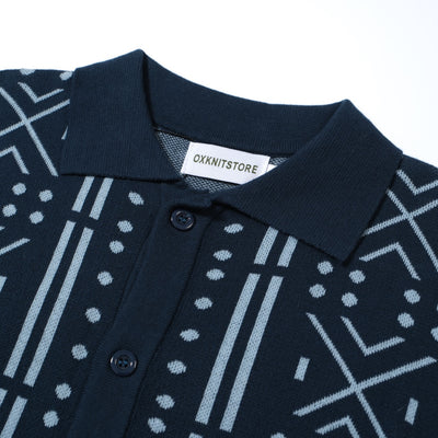 Men's Blue Geometric Pattern Knitted Polo