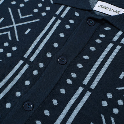 Men's Blue Geometric Pattern Knitted Polo