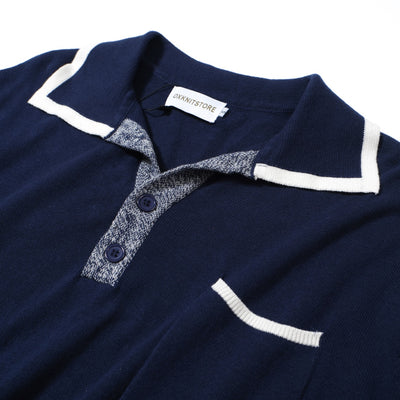 Men's Dark Blue Knitted Polo Single Pocket