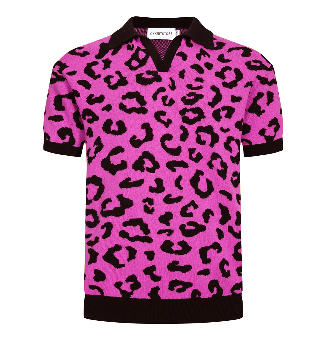 Men's Fuchsia Knitted Polo with Black Leopard