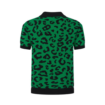 Men's Green Knitted Polo With Black Leopard