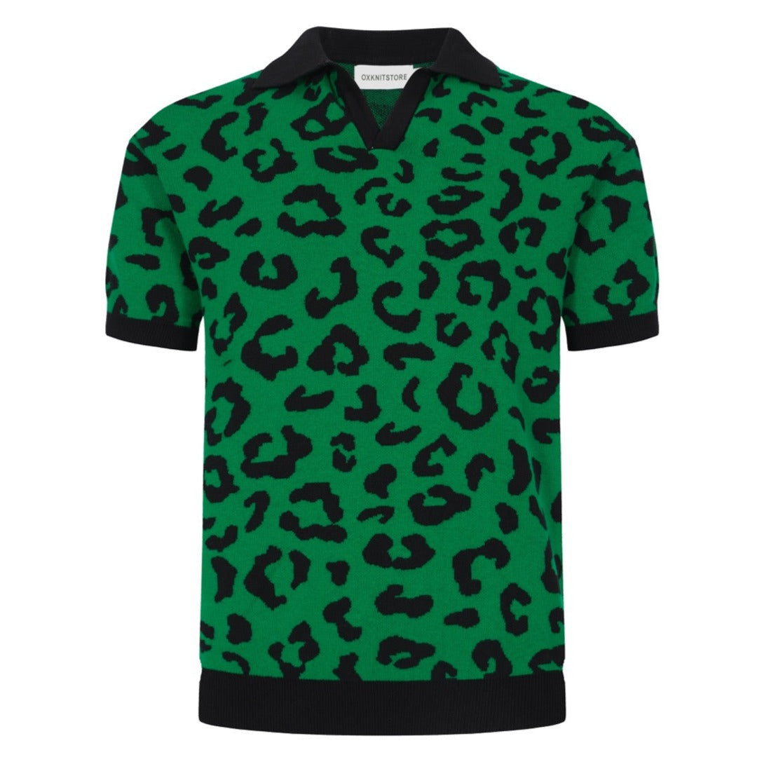 Men's Green Knitted Polo With Black Leopard