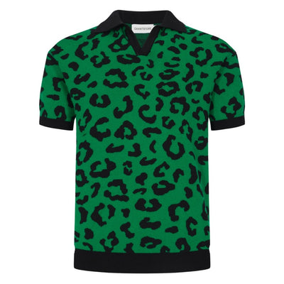 Men's Green Knitted Polo With Black Leopard