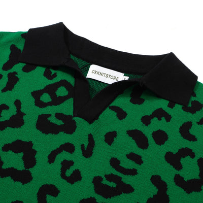 Men's Green Knitted Polo With Black Leopard