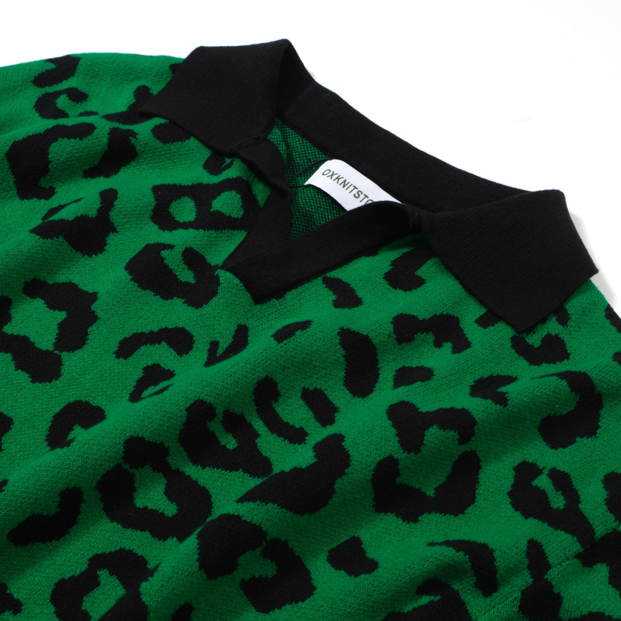 Men's Green Knitted Polo With Black Leopard