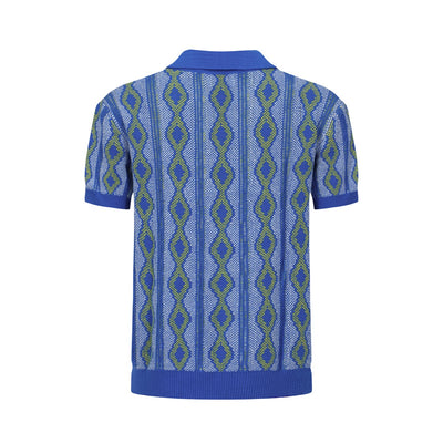 Men's Blue Jacquard Knit Retro Polo