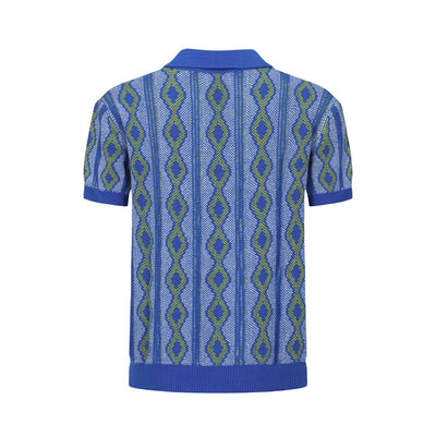 Men's Blue Jacquard Knit Retro Polo