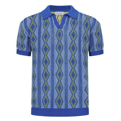 Men's Blue Jacquard Knit Retro Polo