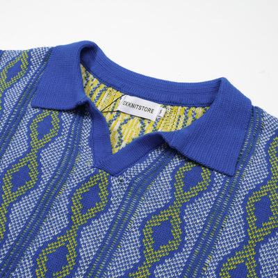 Men's Blue Jacquard Knit Retro Polo