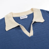 Men's 70s Knit Polo Shirt – Wide Collar Retro Short Sleeve in Navy Blue