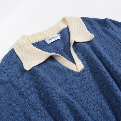 Men's Blue Knitted Polo Off White V-Neck