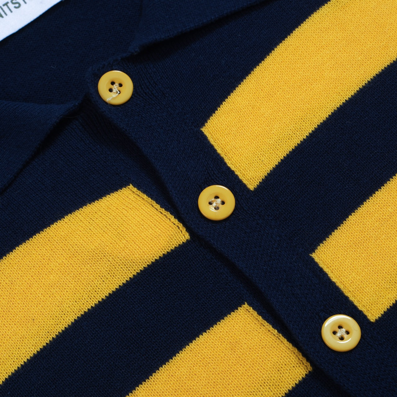 Men's Dark Blue Knitted Long Sleeves Polo With Double Yellow Chest Lines