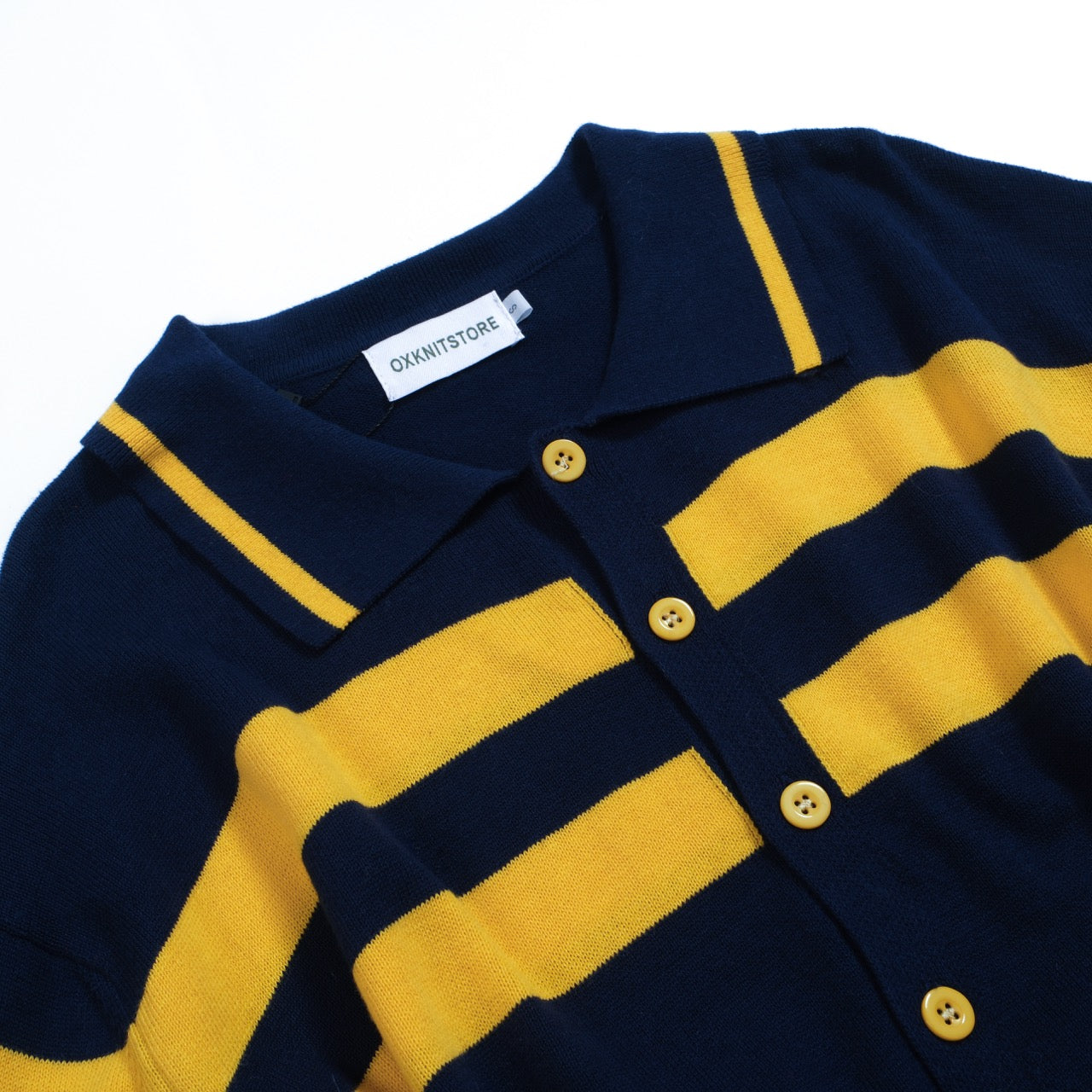 Men's Dark Blue Knitted Long Sleeves Polo With Double Yellow Chest Lines