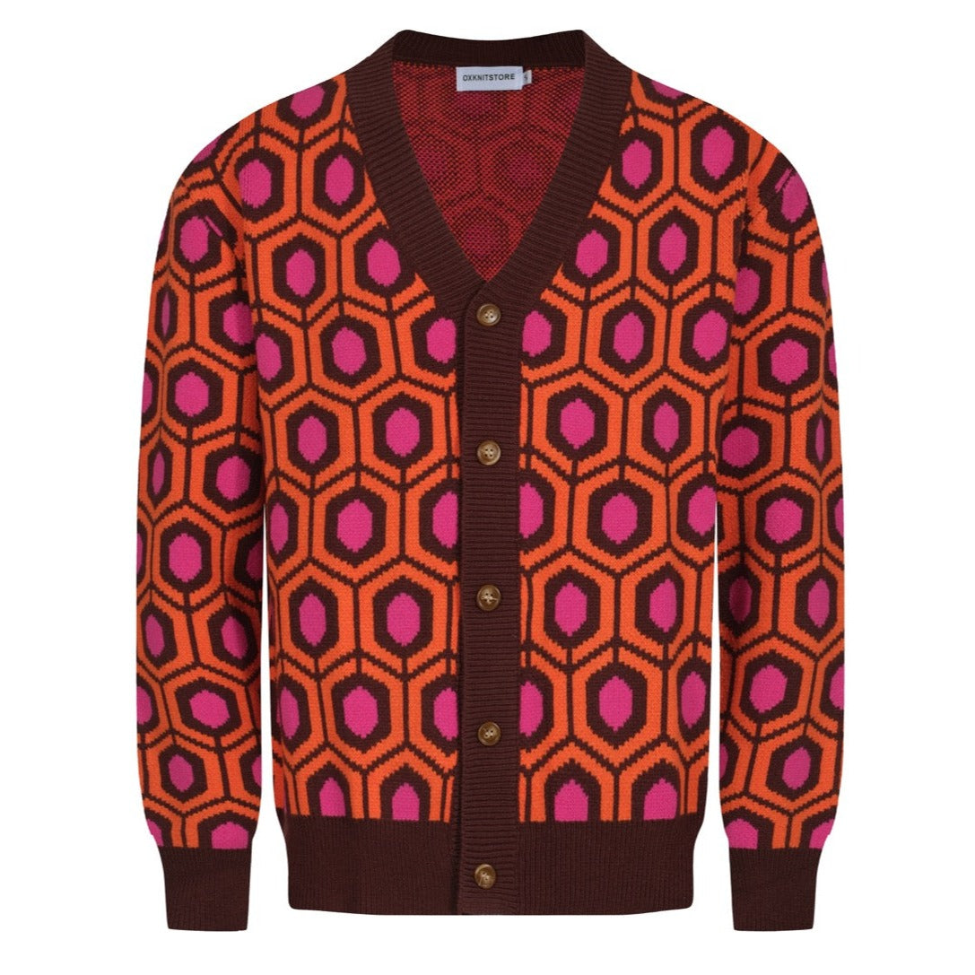 Men's Orange Geometric Knitted Long Sleeves Cardigan