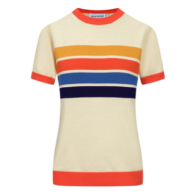 Women's Light Yellow Knitted T-Shirt With Mulit-Color Stripe