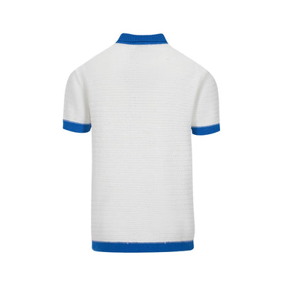 Men's White Knitted Polo With Blue V-Neck