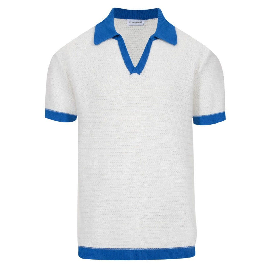 Men's White Knitted Polo With Blue V-Neck