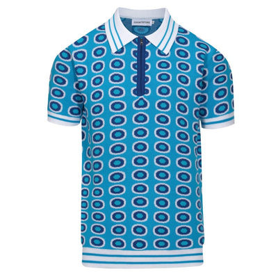 Men's Retro Polka Dot Blue Polo Shirt With Zipper Collar