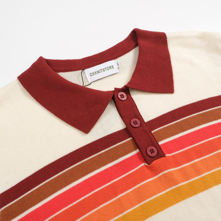 Men’s Vintage 1970s Knit Polo Shirt – Retro Cream with Sunset Stripe Design
