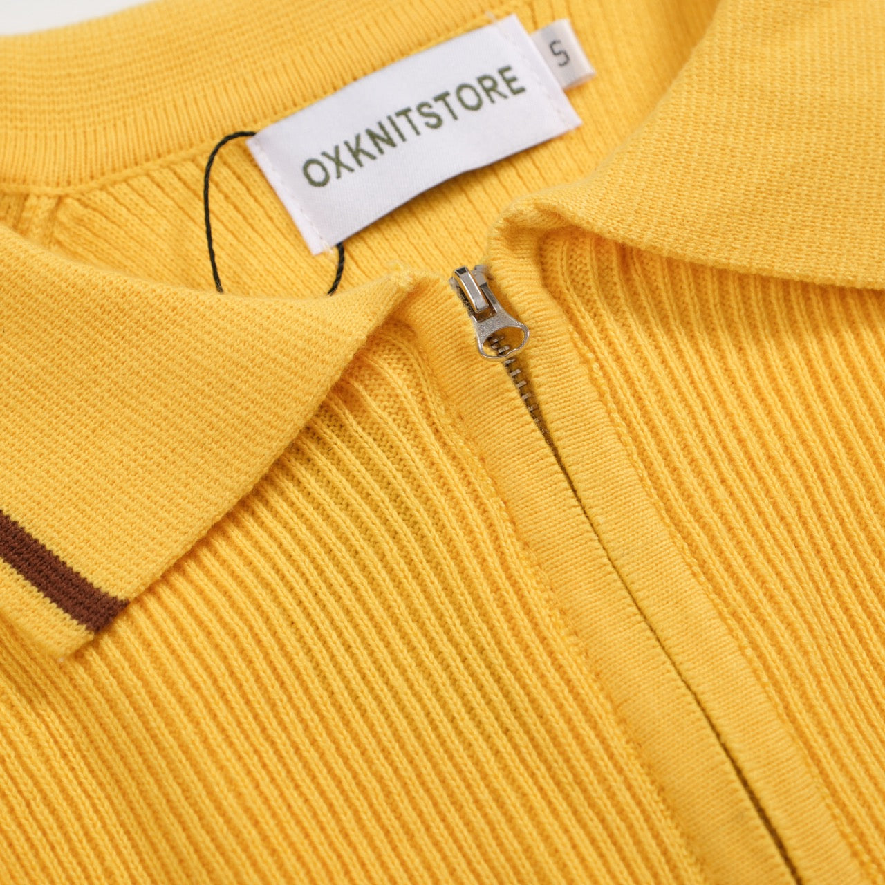 Men's Orange Knit Zip Collar Polo Shirt With Multi-Color Stripes