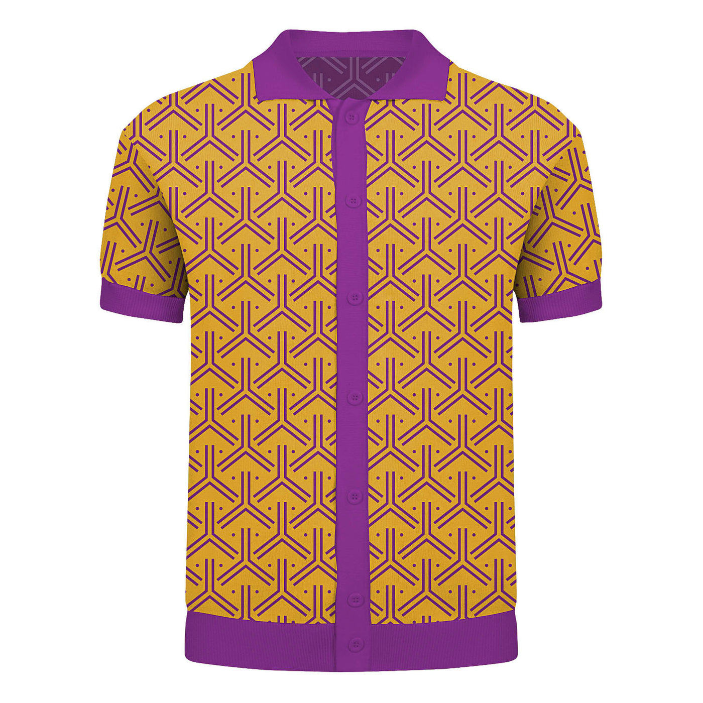 Men's Yellow Geometry Design Knitted Short Sleeve Polo Shirt