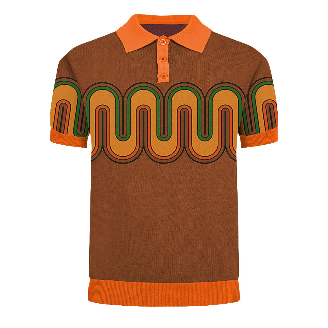 Men's Brown Wave Design Knitted Short Sleeve Polo Shirt