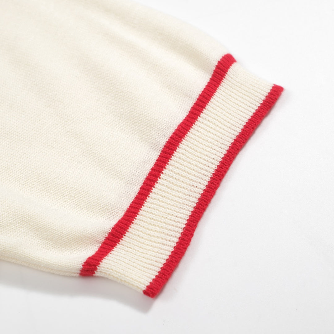Men’s Vintage 1970s Knit Polo Shirt – Retro Cream with Red, Black & Blue Arrow Graphic