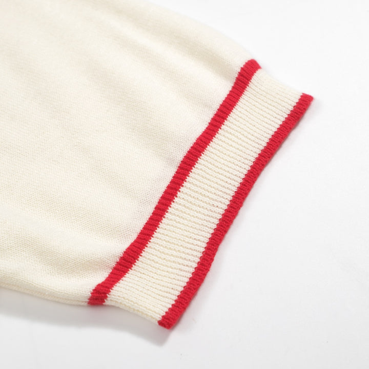 Men’s Vintage 1970s Knit Polo Shirt – Retro Cream with Red, Black & Blue Arrow Graphic