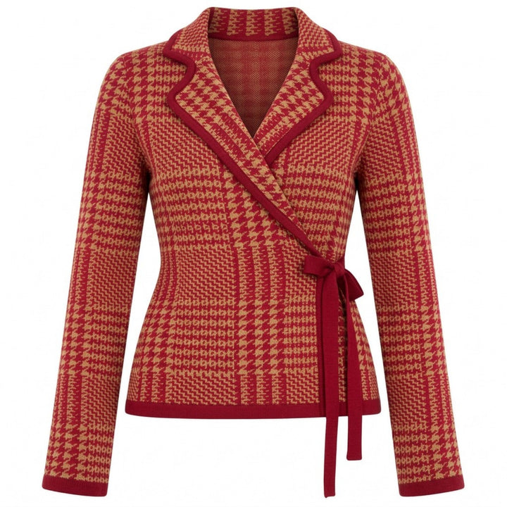 Women's red and beige houndstooth jacquard knit cardigan with a wrap front, notched lapel collar, long sleeves, and waist tie.
