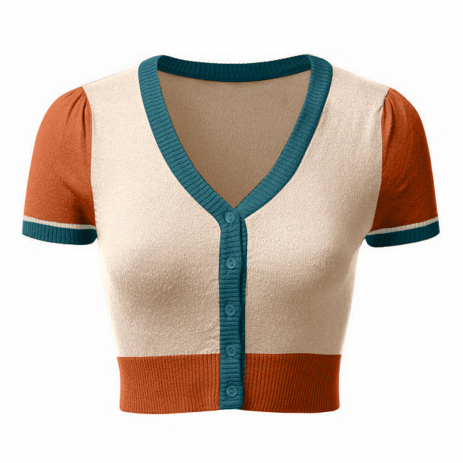 Women Retro V-Neck Short Sleeves Cardigan Knitwear