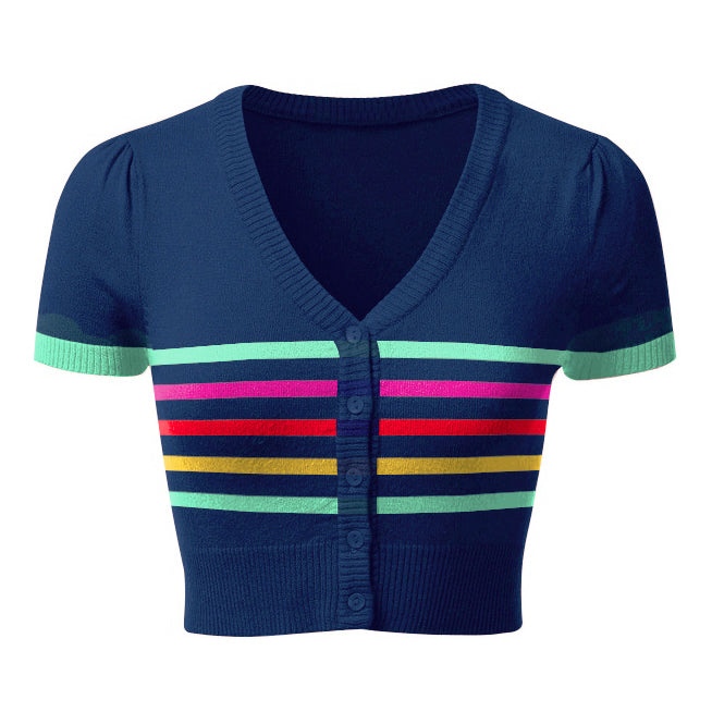 Women Chest Rainbow Striped V-Neck Navy Blue Short Sleeves Cardigan Knitwear