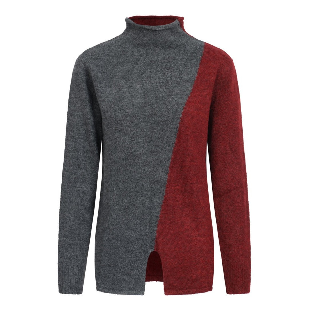 Women Grey & Red Long Sleeve Patchwork Sweater