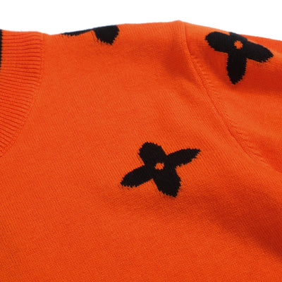 Women Orange Long Sleeve Sweater with Black Flower