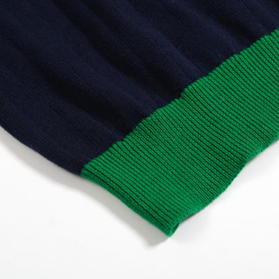Women Navy Blue Long Sleeve Knitted Top with Green Ribbed Collar
