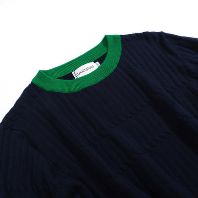 Women Navy Blue Long Sleeve Knitted Top with Green Ribbed Collar