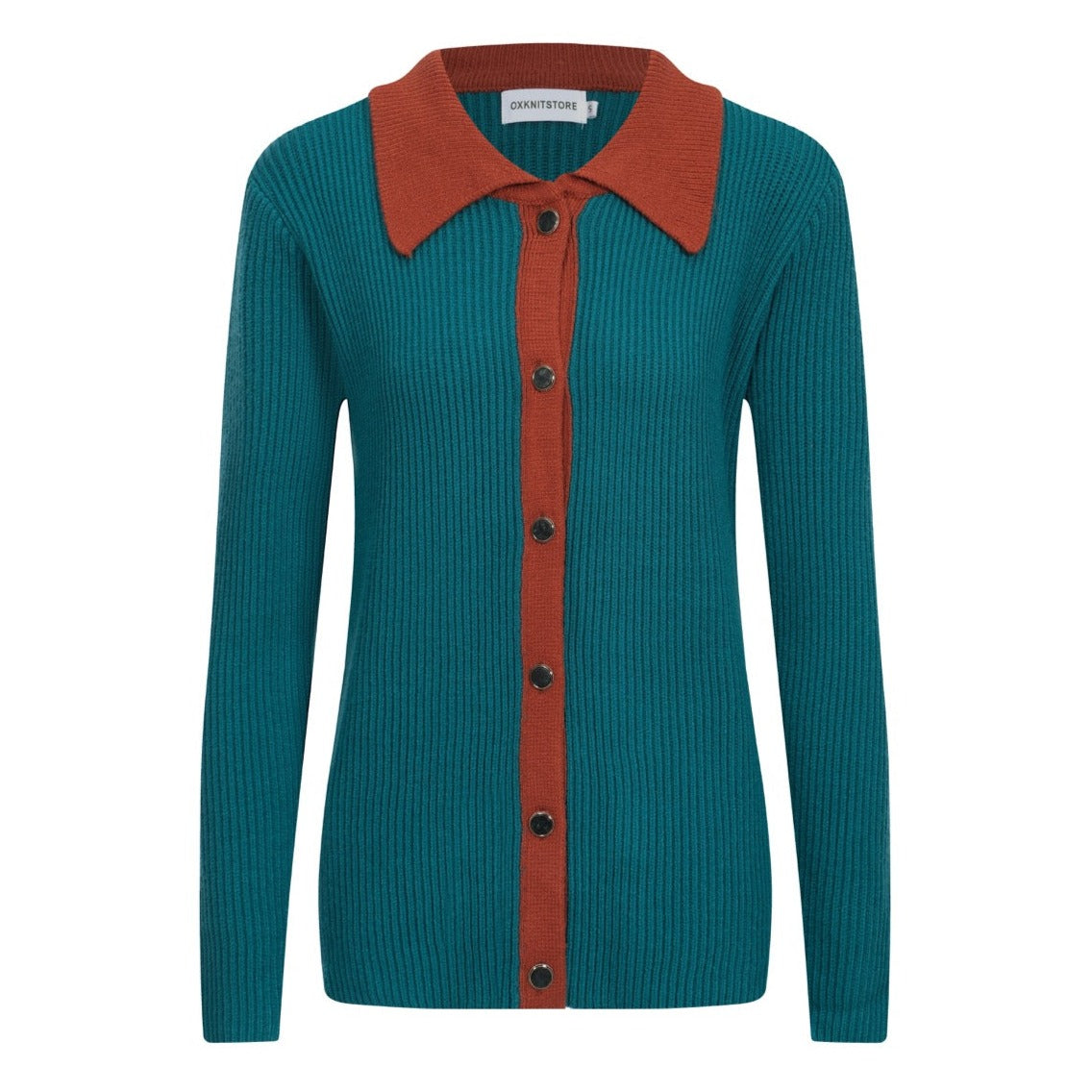 Women Malachite Green Long Sleeve Knitted Wear with Brown Collar