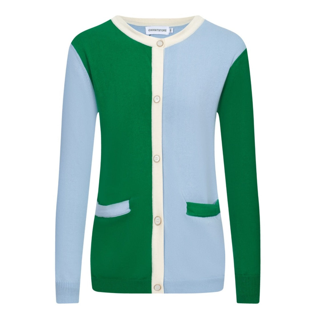 Women Blue & Green Patchwork Long Sleeve Knitted Cardigan