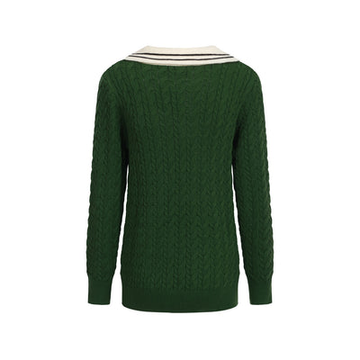 Women Green Deep V Neck Long Sleeve Knitted Sweater